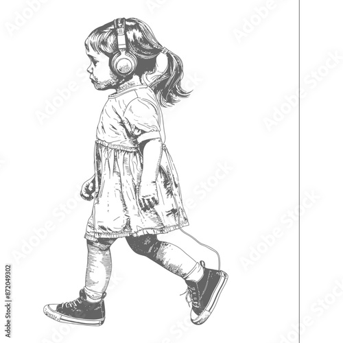 little girl walking listening to headset with engraving style