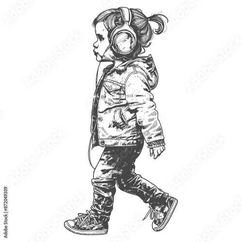 little girl walking listening to headset with engraving style