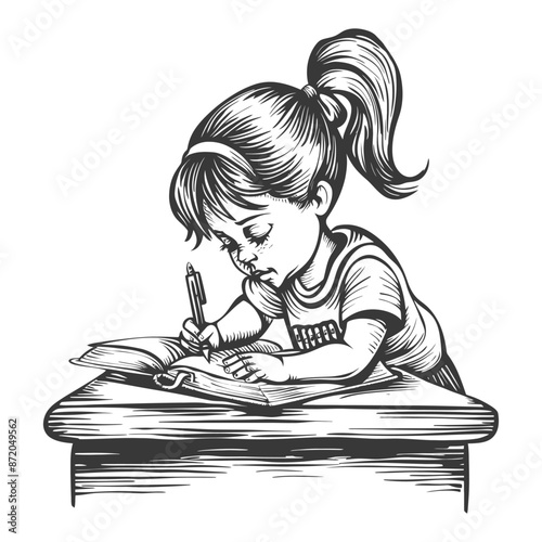 little girl writing on the book sitting on the desk with engraving style