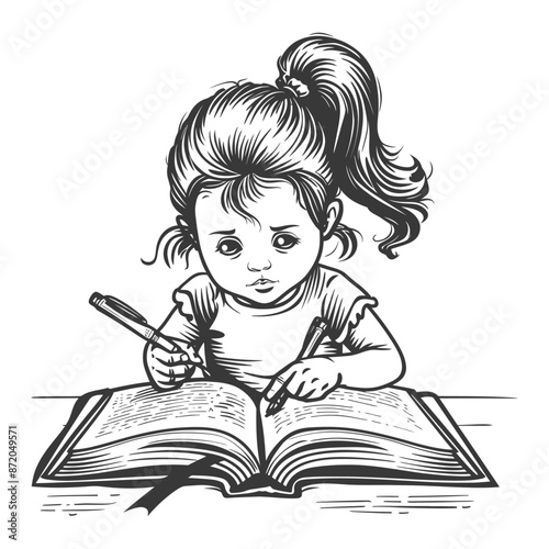 little girl writing on the book sitting on the desk with engraving style