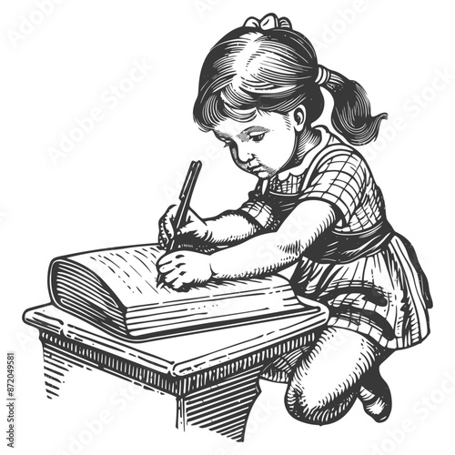 little girl writing on the book sitting on the desk with engraving style