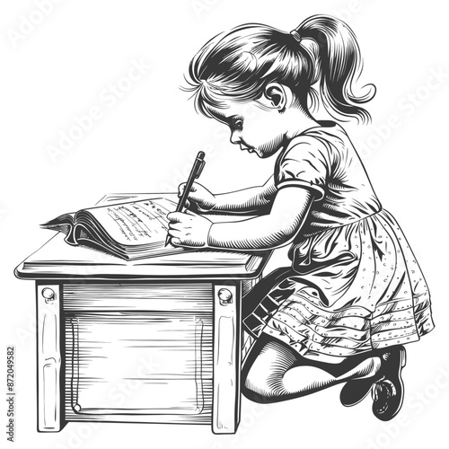 little girl writing on the book sitting on the desk with engraving style