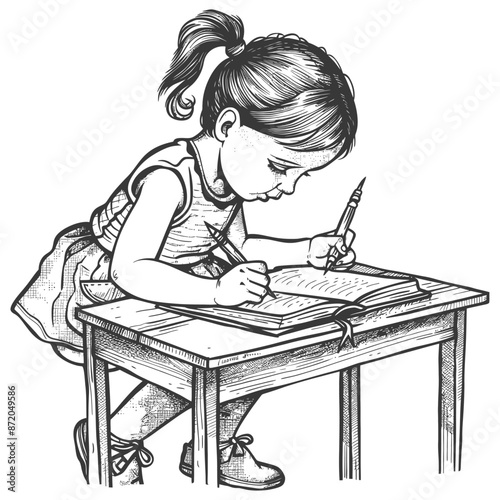 little girl writing on the book sitting on the desk with engraving style