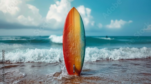  colorful rainbow surfboard on ocean waves background near sand beach. summer vibe for surfers. copy space.