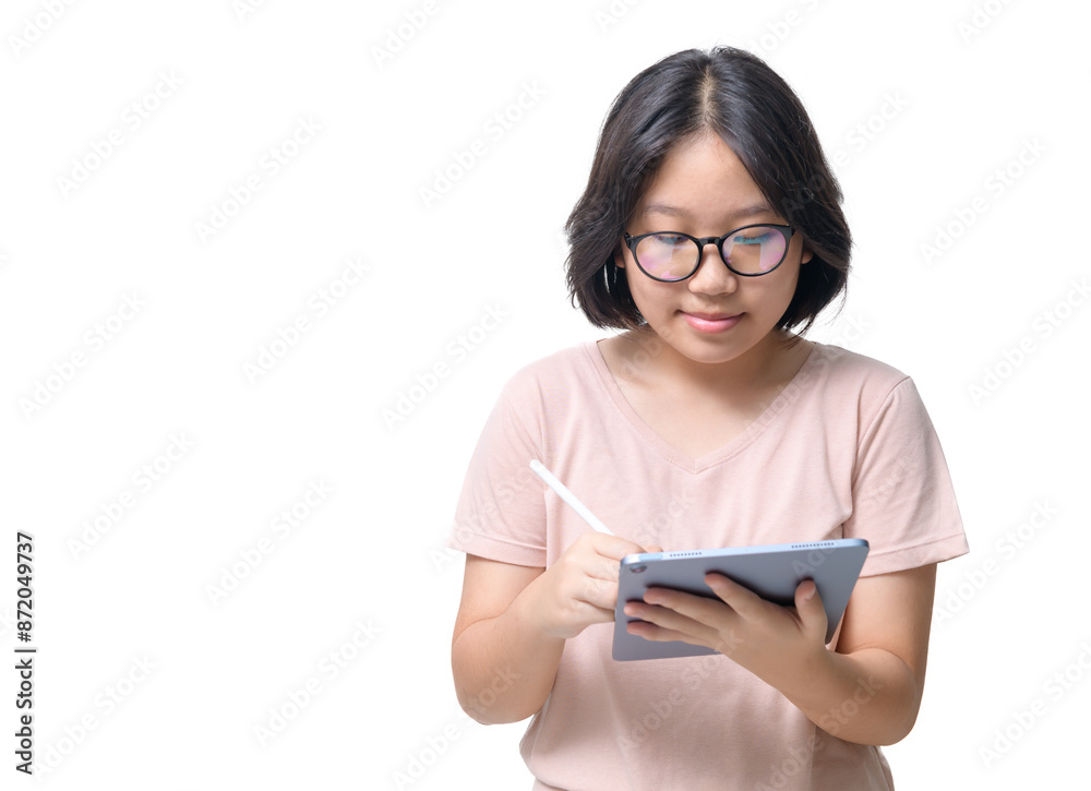 smart Asian Girl writing on Digital Tablet by Digital pen isolated on white Background, smart Asian Girl writing on Digital Tablet by Digital pen isolated on white Background,
