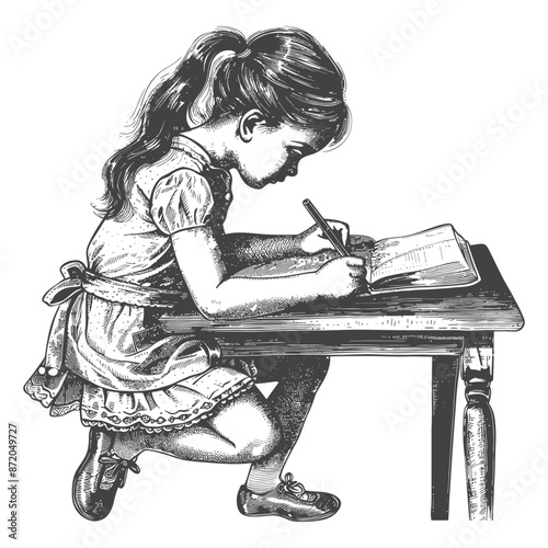 little girl writing on the book sitting on the desk with engraving style