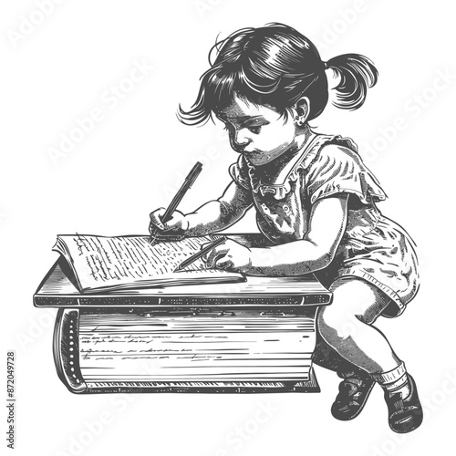little girl writing on the book sitting on the desk with engraving style