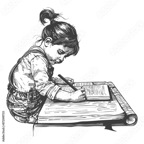 little girl writing on the book sitting on the desk with engraving style