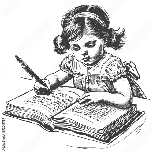 little girl writing on the book sitting on the desk with engraving style