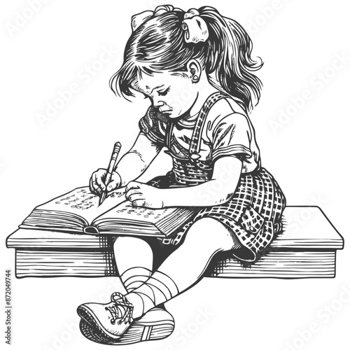 little girl writing on the book sitting on the desk with engraving style