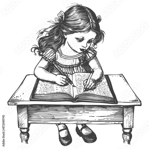 little girl writing on the book sitting on the desk with engraving style