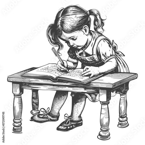 little girl writing on the book sitting on the desk with engraving style