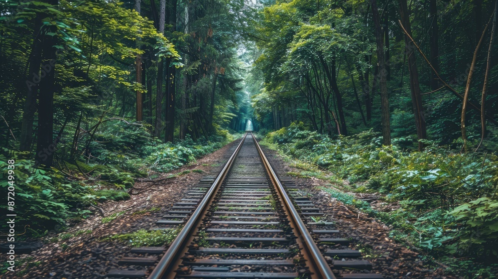 Serene view of railway lines cutting through a verdant forest, with towering trees and foliage creating a tranquil and scenic journey Serene view of railway lines cutting through a verdant forest, with towering trees and foliage creating a tranquil and scenic journey