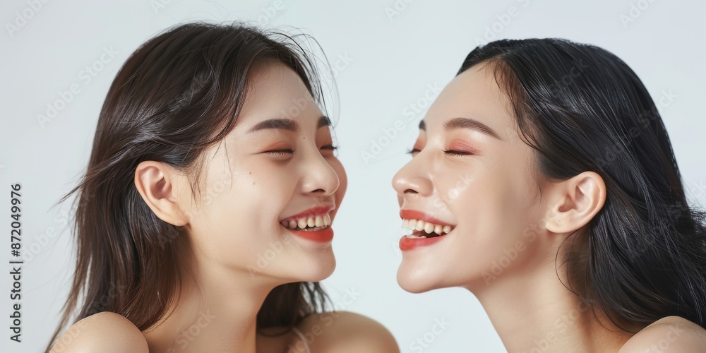 Two Beautiful sensual asian woman friends partners with perfect skin, portrait of beautiful older model posing for skin care or salon on gray background. Copy space for text Two Beautiful sensual asian woman friends partners with perfect skin, portrait of beautiful older model posing for skin care or salon on gray background. Copy space for text