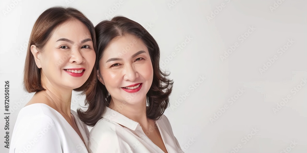 Two Beautiful middle aged asian woman friends with perfect skin, portrait of beautiful older model posing for skin care or salon on gray background. Copy space for text Two Beautiful middle aged asian woman friends with perfect skin, portrait of beautiful older model posing for skin care or salon on gray background. Copy space for text