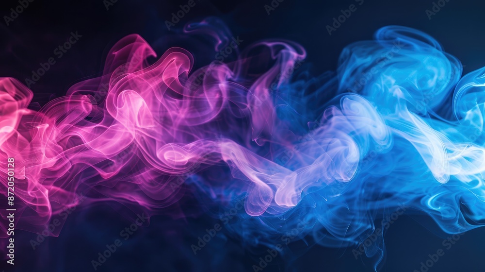 Soft-focus photograph capturing the delicate swirls of pink and blue smoke against a solid black background, creating a serene and abstract scene Soft-focus photograph capturing the delicate swirls of pink and blue smoke against a solid black background, creating a serene and abstract scene