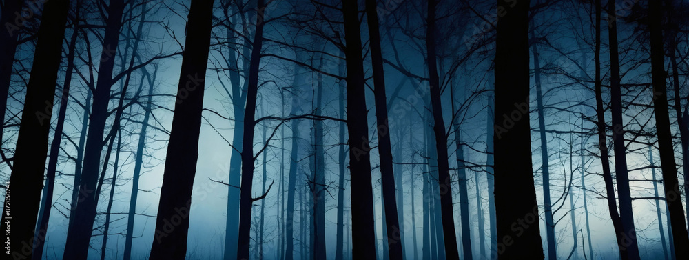 Winter's night in eerie forest with sinister tree silhouettes. Winter's night in eerie forest with sinister tree silhouettes.