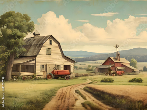 Vintage Farm Landscape Watercolor Illustration Art	 photo