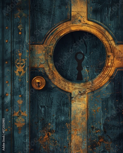 key hole in the old antique vintage wooden door closeup, book cover style