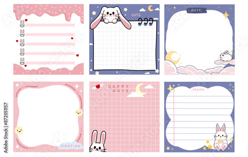 Set of memo pads, square notepads with bunny rabbit vector illustration flat design. clipart for kids or worksheet with animal decoration. Cute and colorful bunny memo sheets