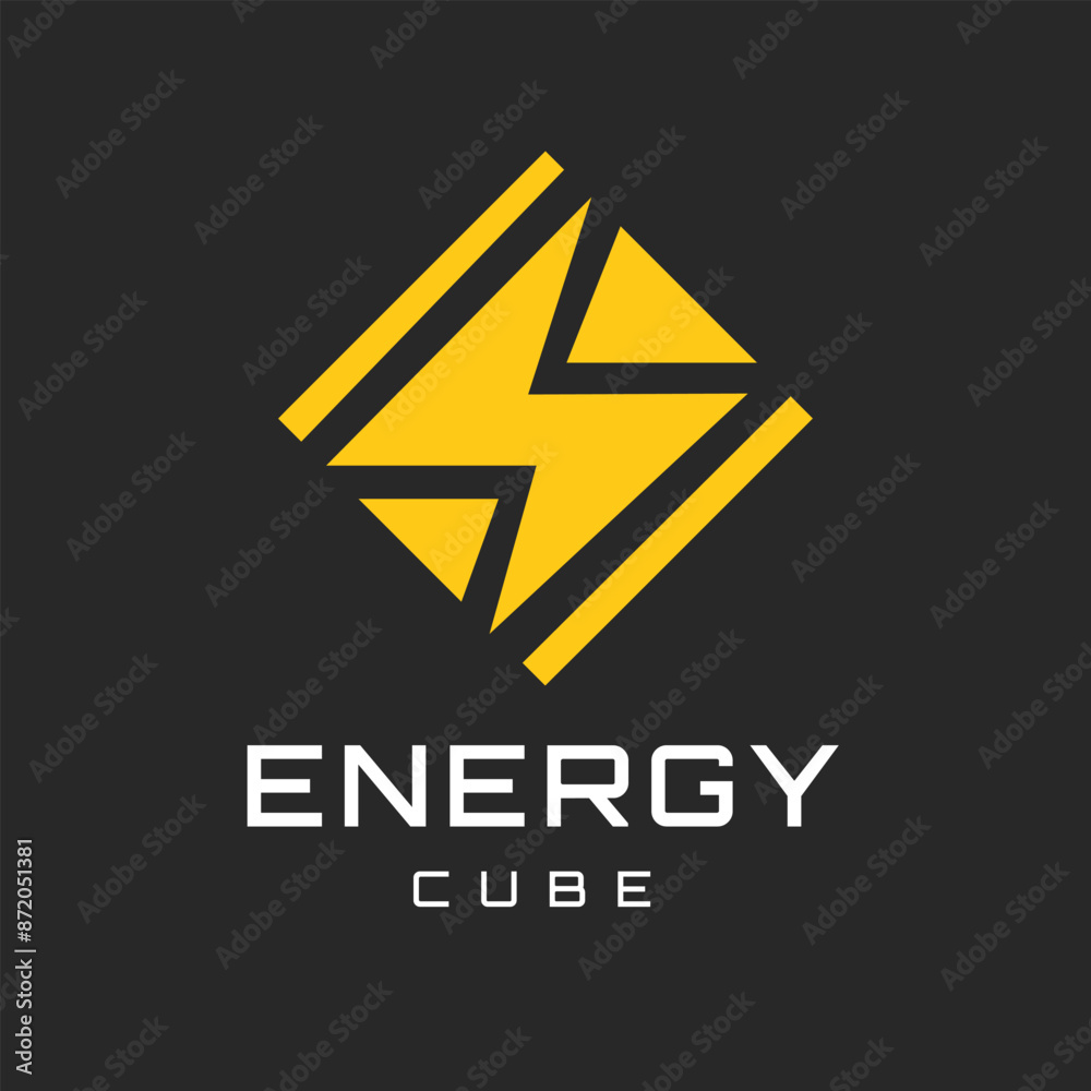 Yellow Lightning symbol in abstract cube shape on black background. This design is for companies operating in the field of energy, electrical technology, or renewable energy solutions Yellow Lightning symbol in abstract cube shape on black background. This design is for companies operating in the field of energy, electrical technology, or renewable energy solutions