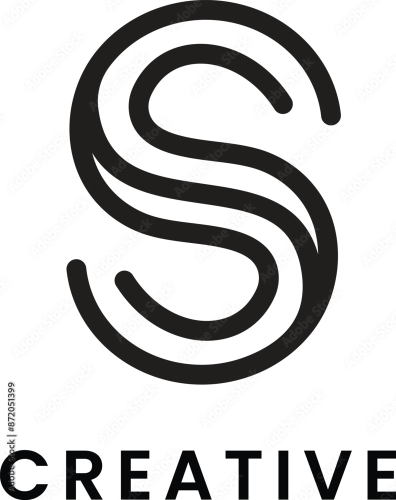 Letter S logo with black curved lines, creating a modern and dynamic look. This design is suitable for companies operating in the creative field, graphic design or art studios