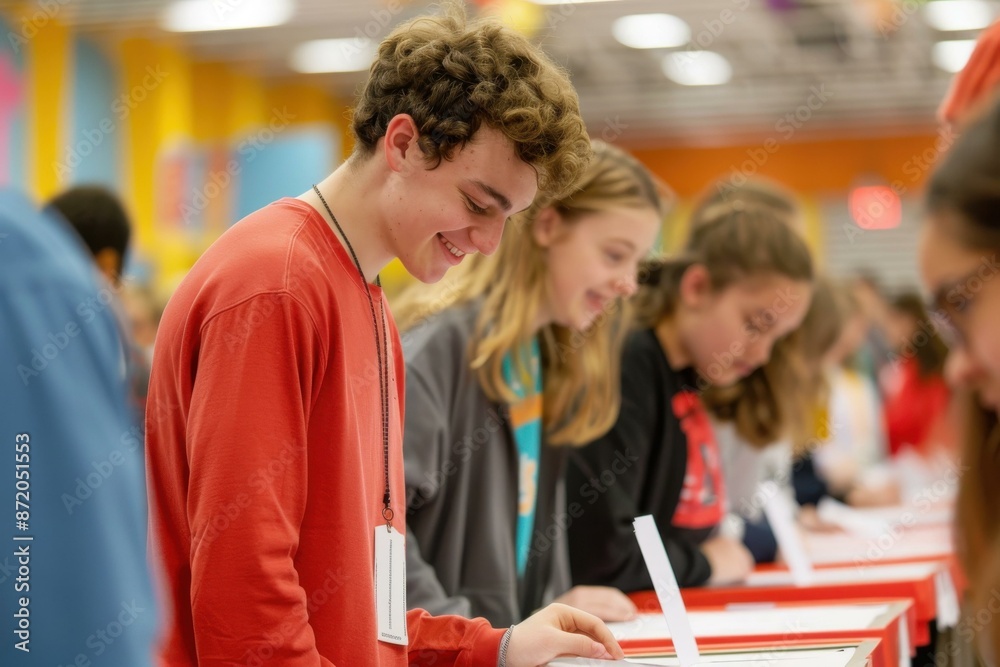 Students participating in a mock election by placing ballots into a voting box. Students participating in a mock election by placing ballots into a voting box.