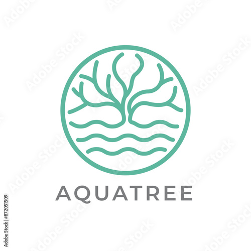 Tree logo with branches resembling flowing water in light green circles. This design is suitable for companies operating in the environmental sector, water conservation, or natural products