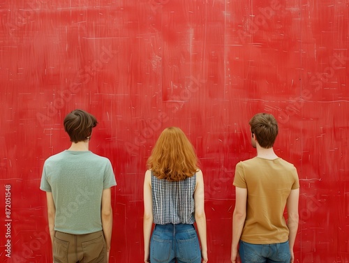 Three individuals facing a red wall, seen from behind.