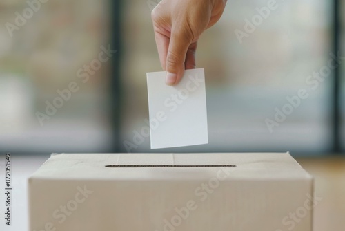 A hand places a ballot into a voting box, signifying the act of voting in an election.