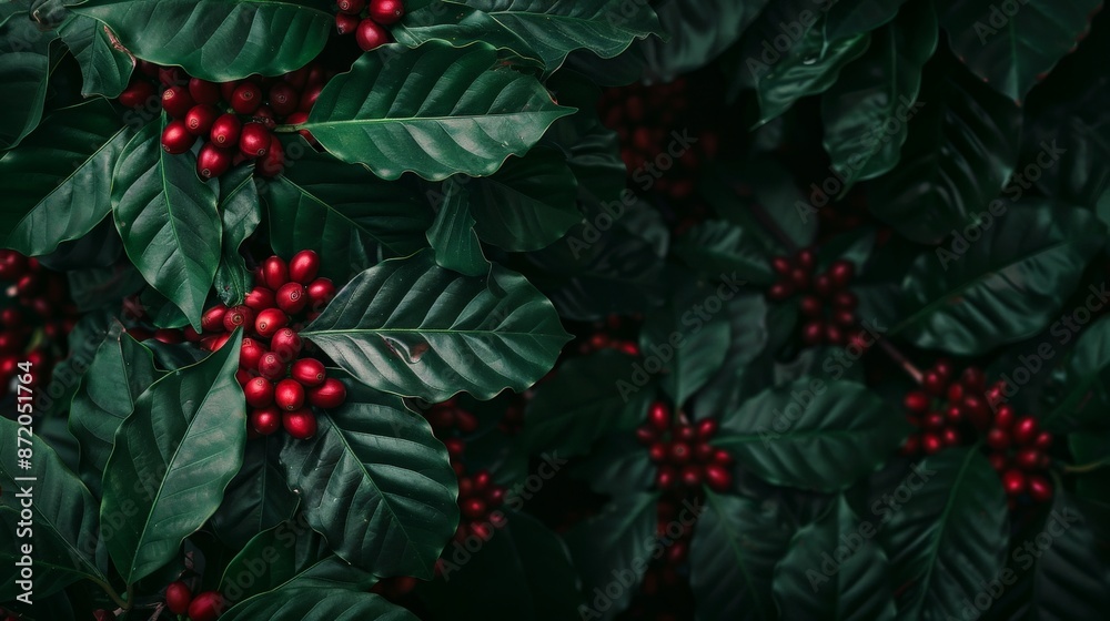 Naklejka premium Close-up of coffee plant leaves and ripe berries
