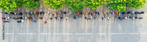 Aerial view showing a line of diverse people waiting outside a polling station, shadowed by surrounding trees.