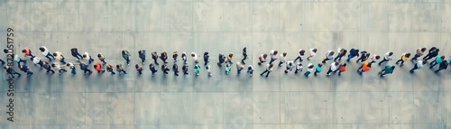 A high-angle view of people standing in a long, winding line, waiting their turn at a polling station.