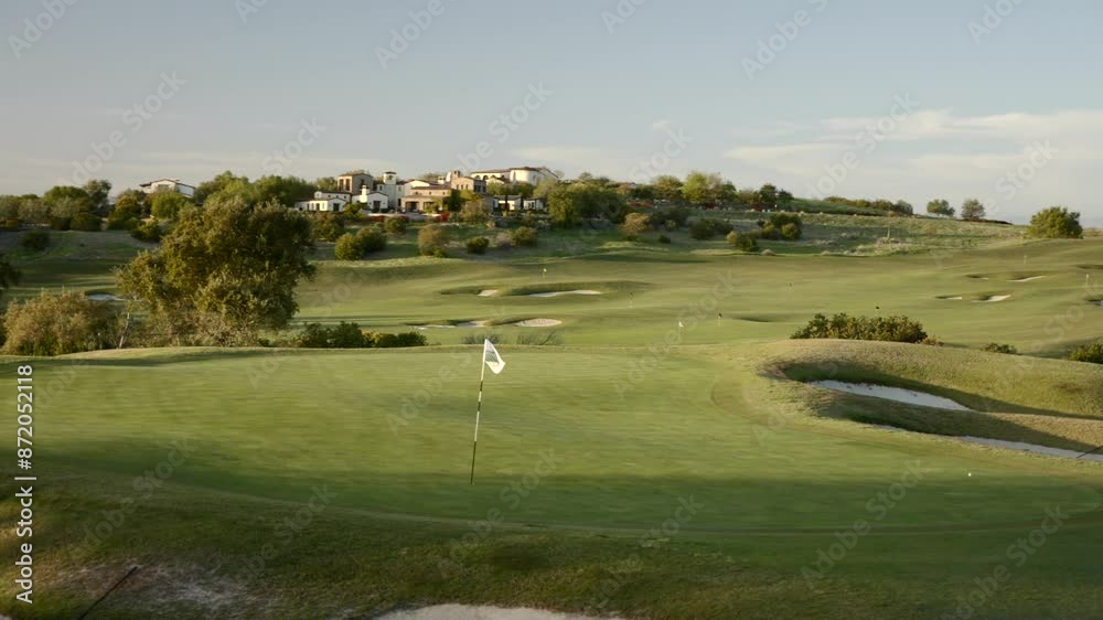 Aerial view golf greens on a sunny day in Sant Luz California with views of the golf flag and surrounding homes and resort Aerial view golf greens on a sunny day in Sant Luz California with views of the golf flag and surrounding homes and resort