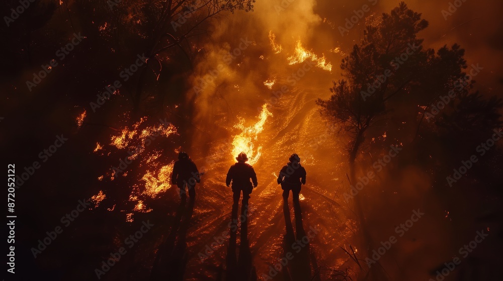 Fototapeta premium Silhouette of three firemen aerial view from behind with fire in forest as background. First responders at wildfire in action. 