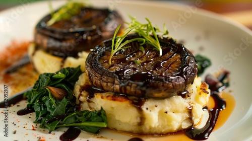 A plate with mushrooms and greens on it.