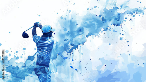 Blue Ink Painting of Golfer Silhouette: Light Blue Watercolor Style with Splash Effects.