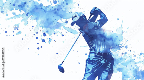 Blue Ink Painting of Golfer Silhouette: Light Blue Watercolor Style with Splash Effects.