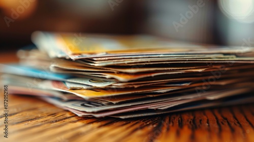 Stack of Loyalty Cards on Wooden Table.