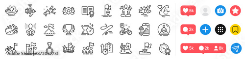 Hourglass timer, Strong arm and Fishing reel line icons pack. Social media icons. Yoga, Winner flag, Vegetables web icon. Timer, Yoga music, Fishing place pictogram. Vector