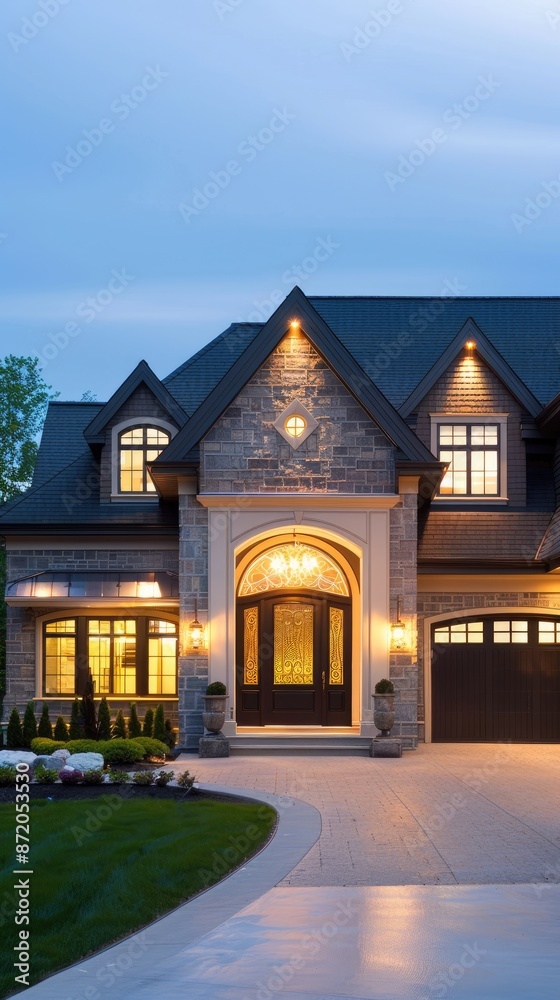 A modern home with a three-car garage and a well-manicured lawn is illuminated by lights at dusk A modern home with a three-car garage and a well-manicured lawn is illuminated by lights at dusk