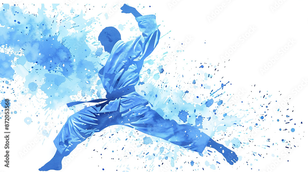 Blue Ink Painting of Judoka Silhouette: Light Blue Watercolor Style with Splash Effects. Blue Ink Painting of Judoka Silhouette: Light Blue Watercolor Style with Splash Effects.