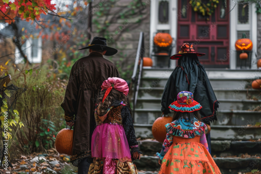 Rear view of a family dressed up in costume for Halloween Rear view of a family dressed up in costume for Halloween