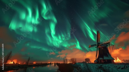 Aurora borealis in the night sky above the Molenviergang mill in Aarlanderveen, the Netherlands. A peaceful landscape. photo