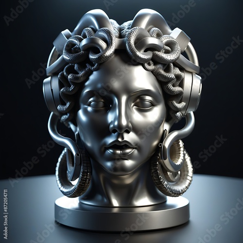 silver statue of medusa head wearing headphones