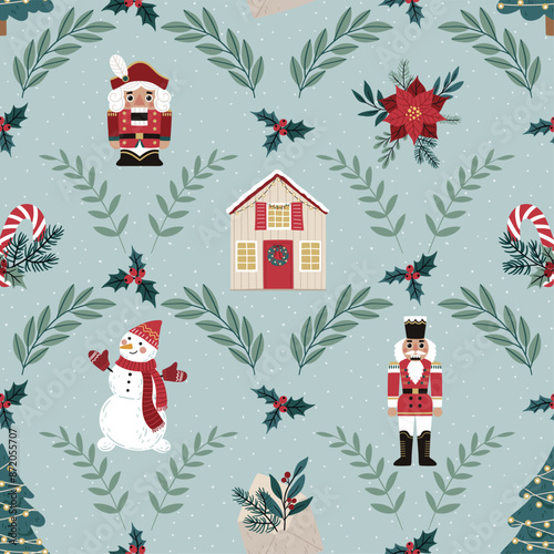 Seamless pattern with Nutcracker and Christmas decor, vector. Ideal for printing on fabric, wrapping paper, and postcards. Perfect for adding a festive touch to holiday projects and seasonal designs.