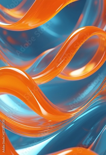 Abstract colorful orange blue liquid background. Swirl neon gradient. Dynamic curve fluid texture. Futuristic holographic digital concept. For wallpaper, backdrop, cover.	 photo