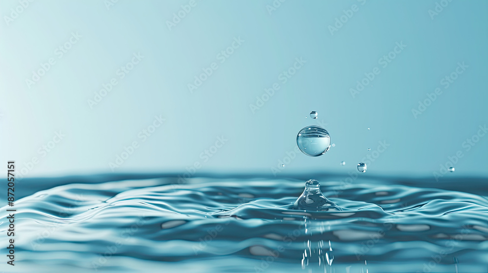 Water drop on a blue background, 3D render of one water drop falling in a blue background, abstract wavy water ripples on the surface - Generative AI Water drop on a blue background, 3D render of one water drop falling in a blue background, abstract wavy water ripples on the surface - Generative AI