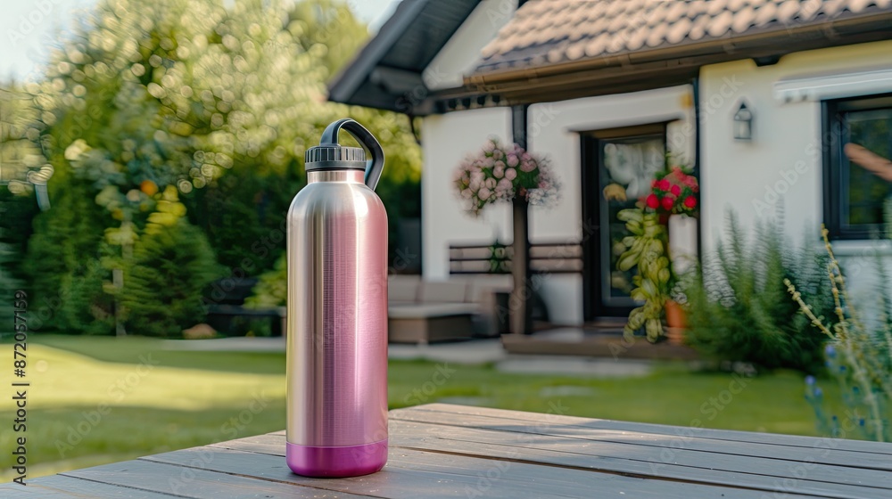 A pink water bottle sits on a wooden table in a backyard patio. There is a white house, greenery, and a patio set in the background A pink water bottle sits on a wooden table in a backyard patio. There is a white house, greenery, and a patio set in the background