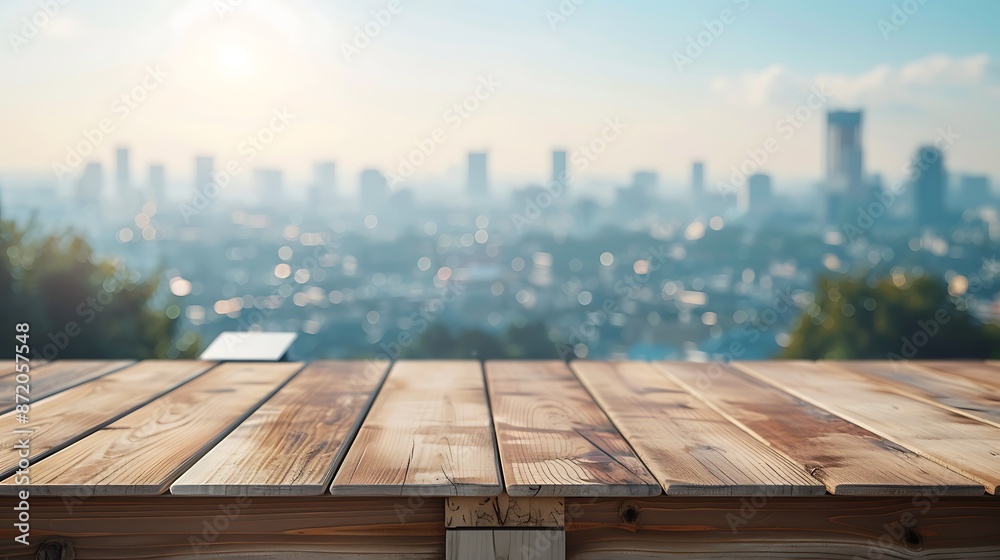 Wooden table with a white podium, cityscape blurred in the background, perfect for outdoor product mockups. Wooden table with a white podium, cityscape blurred in the background, perfect for outdoor product mockups.